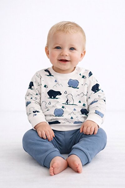 MixMax Bebe Erkek Bebek Kutup Ayıları Uzun Kollu Alt Üst Bebek Takımı %100 Pa...