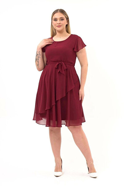 Astra Plus Rochie elegantă pentru femei, cu detaliu din tul, cu centură, guler rotund burgundy, mărime mare - ASTPS43U37A-1G10-46BTL-BRD