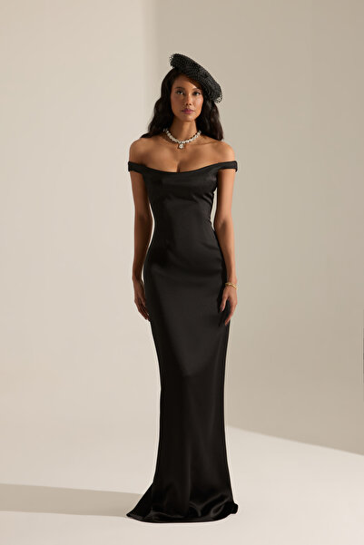 BETTY & SAM Marsala Siyah Saten Gece Elbisesi