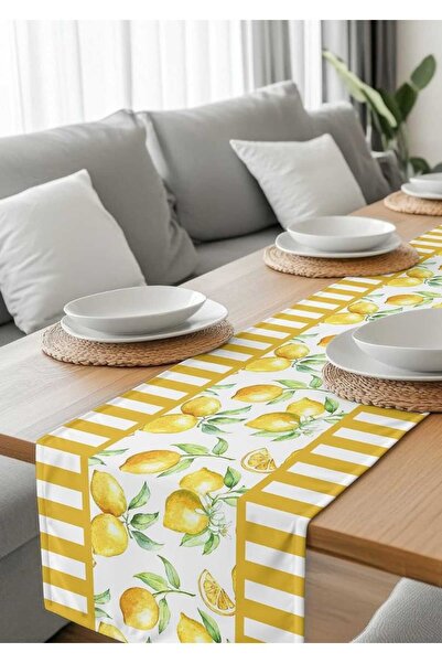 HM POLİSAJ Limonların Yaz Melodisi Bahçesi Dijital Baskılı Runner Kumaş 40*140cm