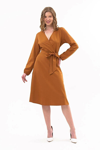 Selkar Global Women's Tie Waist V-Neck Tan Midi Dress Plus Size - Brown - Selkr43E38U-1K10-50Btl-Taba