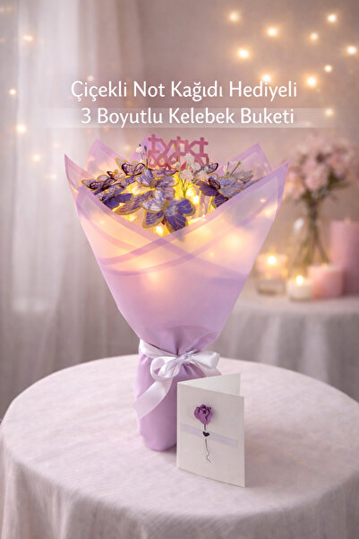 Melonİst LED’li 3 Boyutlu Parlak Yüzeyli Mor Kelebek Buketi – İyi ki Doğdun - Çiçekli Not kağıdı hediyeli