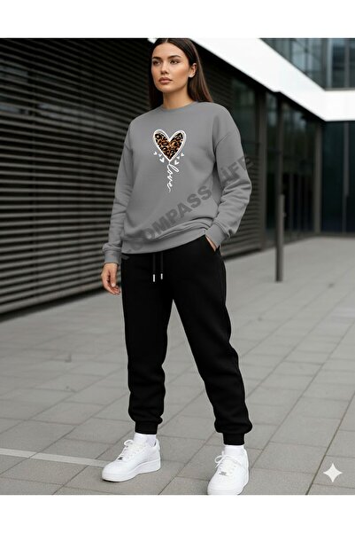 x-compass life Cotton Minimal Heart Leopard Printed Zero Necklace Sweatshirt Set