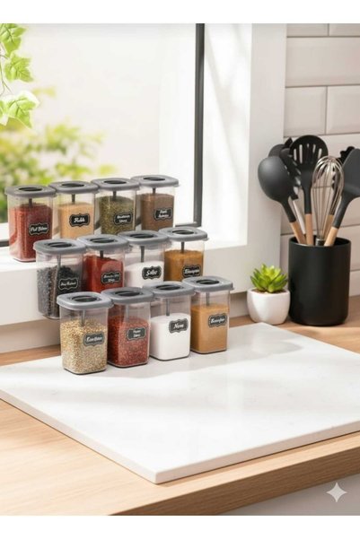 EBA HOME Set of 12 450ml Spice Jars with Lockable Lids and Self-Spoon, 450ml, 25 Labels, Gifted