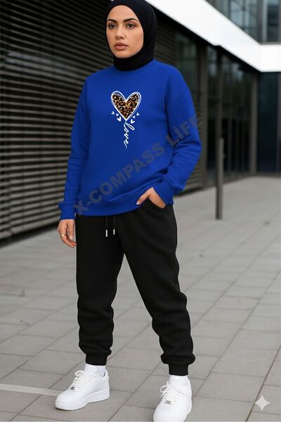 x-compass life Cotton Minimal Heart Leopard Printed Zero Necklace Sweatshirt Set