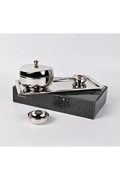 Generic Shiny nickel-colored date serving set with a large 32x17cm tray, a 13x9cm date container, and side plates.