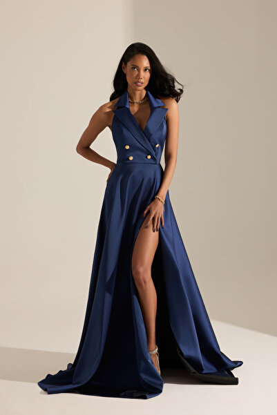 BETTY & SAM Torino Kloş Yırtmaçlı Lacivert Uzun Elbise
