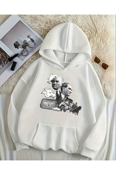 Le Savu Ataturk Printed Oversized Hooded White Colored Sweatshirt