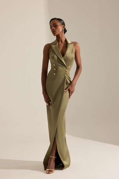 BETTY & SAM Milano Haki Kruvaze Yaka Saten Elbise