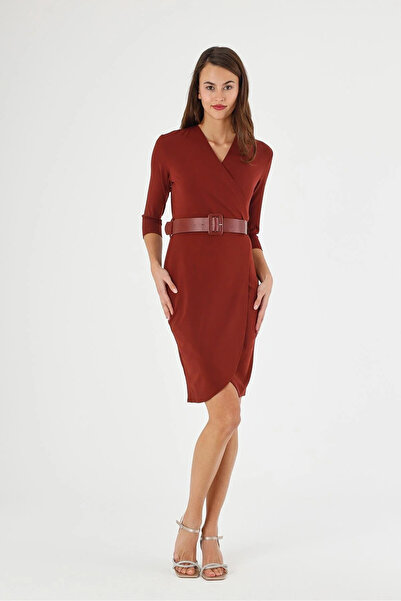 Astra Plus Rochie midi elegantă pentru femei, cu decolteu în jos, cu guler burgundă, cu centură - Burgundy - ASTPS37F53V-1L00-40BRD