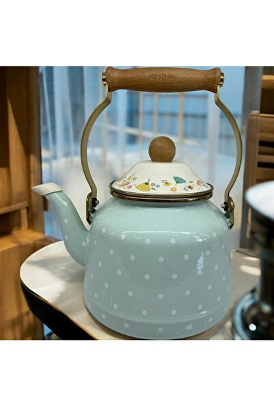 ALEV EMAYE Emaye Çaydanlık / Demlik – Puantiyeli, Ahşap Saplı