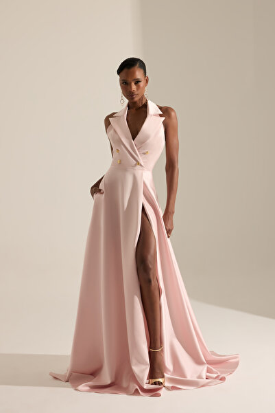 BETTY & SAM Torino Kloş Yırtmaçlı Pudra Uzun Elbise