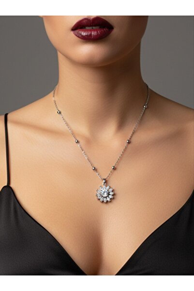 stainless steell قلادة فضية اللون بحجر دائري على شكل كرة مع سلسلة فولاذية