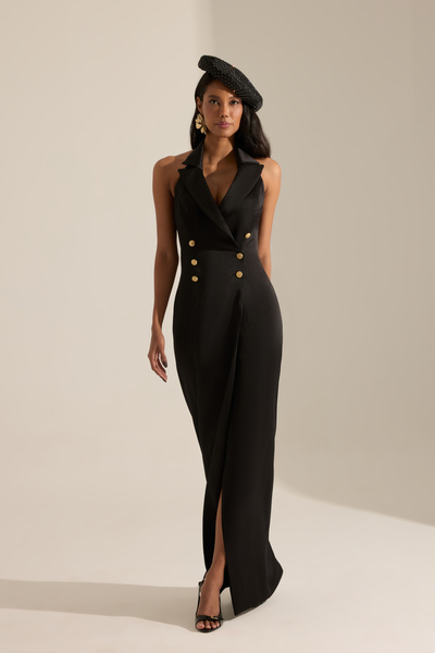 BETTY & SAM Milano Siyah Kruvaze Yaka Saten Elbise