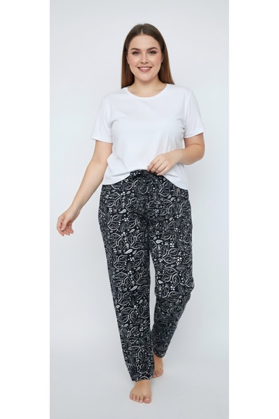 noend بنطلون بيجامة نسائي أسود وأبيض بنقشة أوراق الزهور مقاس كبير من الجلد ال...