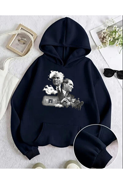 Le Savu Ataturk Printed Oversized Hooded White Colored Sweatshirt