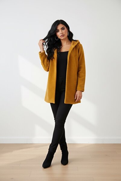 MADE İN ITALY İtalyan Model Hardal Peluş Kaban Mont