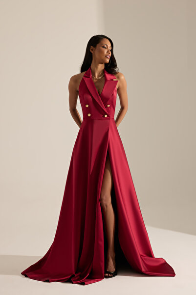 BETTY & SAM Torino Kloş Yırtmaçlı Bordo Uzun Elbise