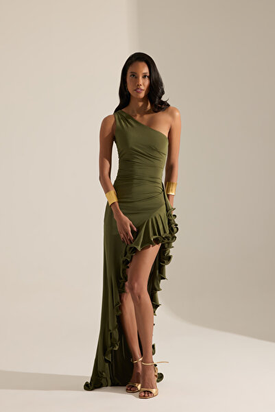 BETTY & SAM Lyon Haki Yırtmaçlı Uzun Elbise