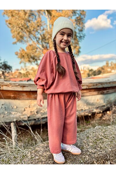 Pinklime Jr. Ekstra Yumuşak Dokulu Oversize Kız Erkek Çocuk Alt Üst Takım-Gül...