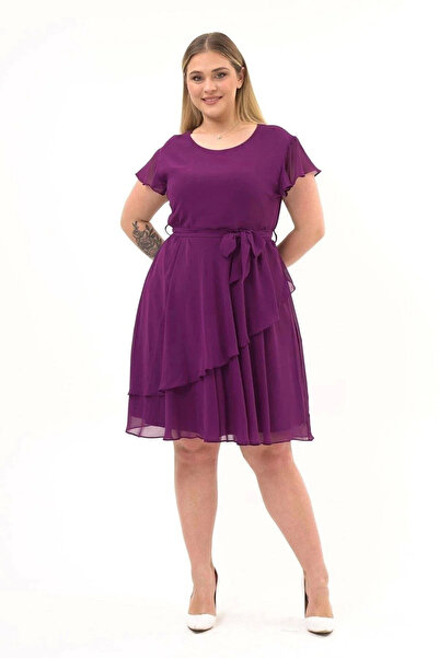 Bonnie Clyde Women's Tulle Detailed Belted Crew Neck Purple Elegant Dress Plus Size - Bcp1.43P37Q-1R10-50Btl-Mor