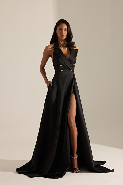 BETTY & SAM Torino Kloş Yırtmaçlı Siyah Uzun Elbise