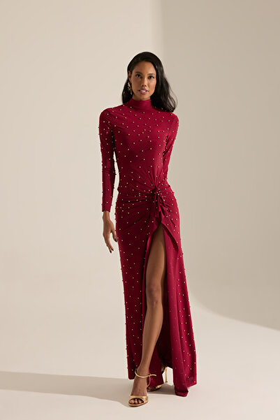 BETTY & SAM Coventry İnci Detaylı Koyu Kırmızı Uzun Elbise