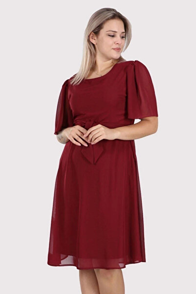Selkar Global Women's Belted Crew Neck Chiffon Burgundy Midi Dress Plus Size - Selkr42D57R-1F10-46Btl-Brd