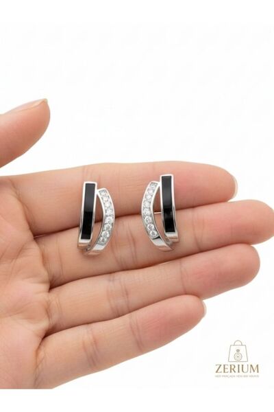 ZERİUM Black Enamel Zircon Stone Women's Earrings Silver Color Minimalist Sty...