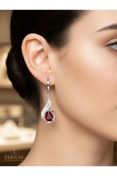 ZERİUM Red Drop Crystal Stone Silver Color Earrings Zircon Detailed Premium