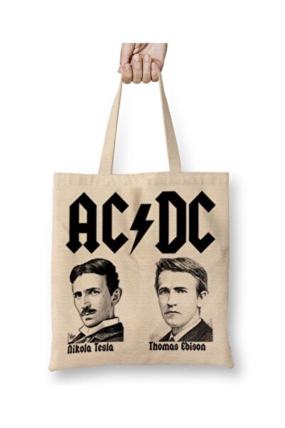 Toyaso Ac Dc Tesla and Edison White Tote Bag Long Handle Shopping Bag Beach Bag