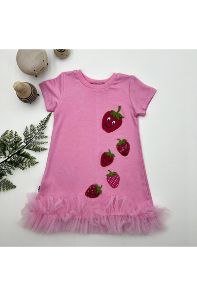 Marsilyan 1-2-3 Years Sequined Strawberries Embroidered Skirt Frilly Gilet Girl's Dress