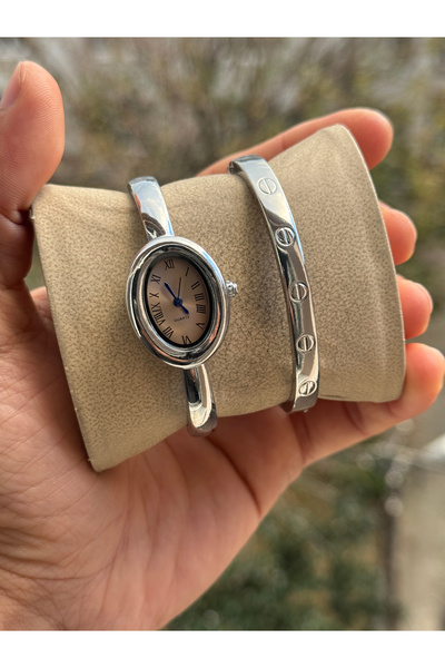 Tulpar Handcuff Model Oval Vintage Case Women's Wristwatch with Bracelet Gift