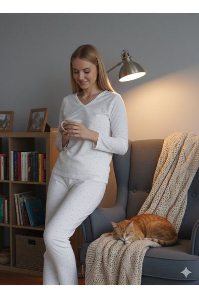 ÇAĞ MODA Knitted Viscose V-Neck Long Sleeve Pants Pajamas Suit