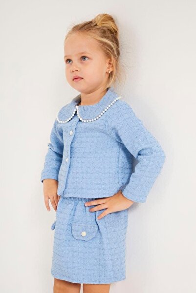 Pinkitokids Costum pentru fetiță din tweed cu detalii perle - Albastru