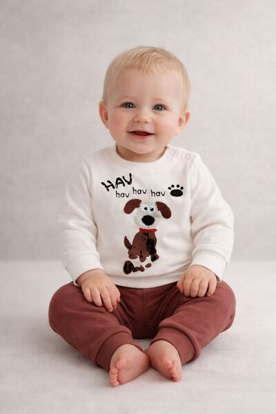 MixMax Bebe Baby Boy Hav Hav Embroidered Long Sleeve Top and Bottom Baby Set ...
