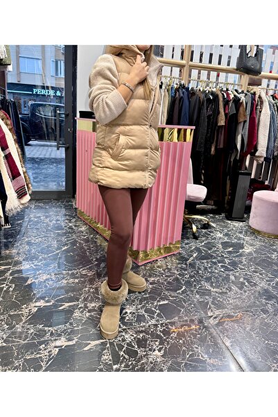 Pera Metalik krem şişme mont