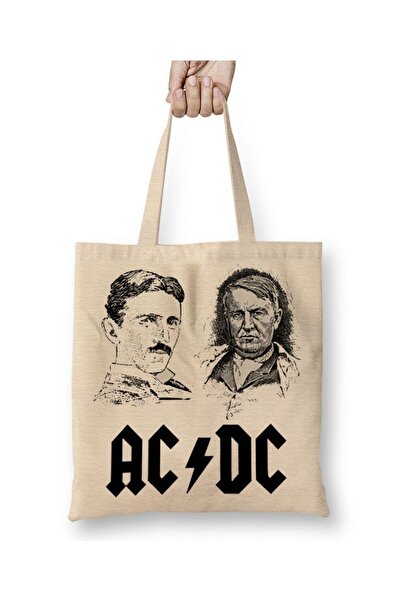 Toyaso Ac Dc Tesla and Edison White Tote Bag Long Handle Shopping Bag Beach Bag