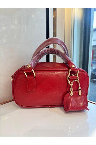 Larolina Red Faux Leather Women's Hand and Shoulder Bag with Snap Fasteners and Adjustable Strap