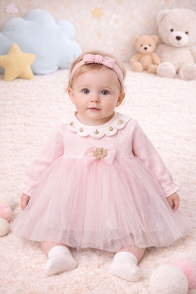 Minicixbebe Tüllü Fiyonklu Kız Bebek Elbise – Pudra Pembe, Uzun Kollu