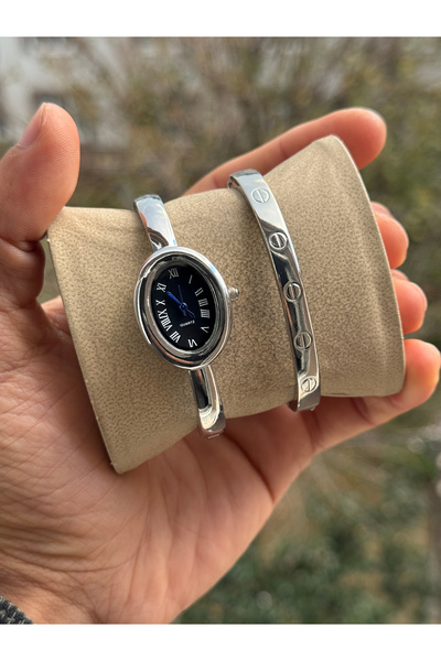 Tulpar Handcuff Model Oval Vintage Case Women's Wristwatch with Bracelet Gift