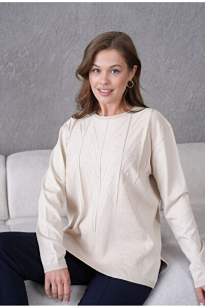 NOBLE STORE Kadın Açık Bisiklet Yaka Kabartma Desenli Uzun Kollu Triko Kazak NOBLE