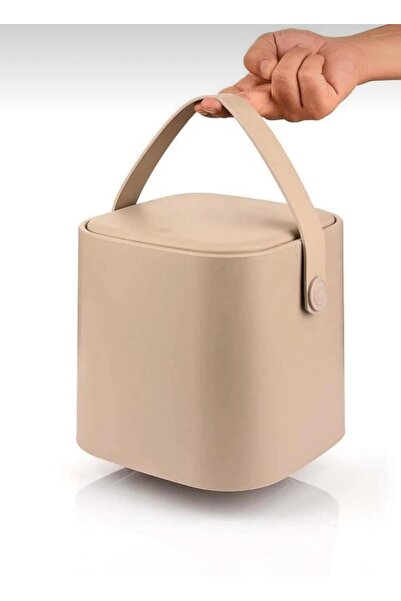 VOCO Click Kapaklı Tutma Saplı,İçi Kovalı Tezgah Üstü Mutfak Çöp Kovası-Latte