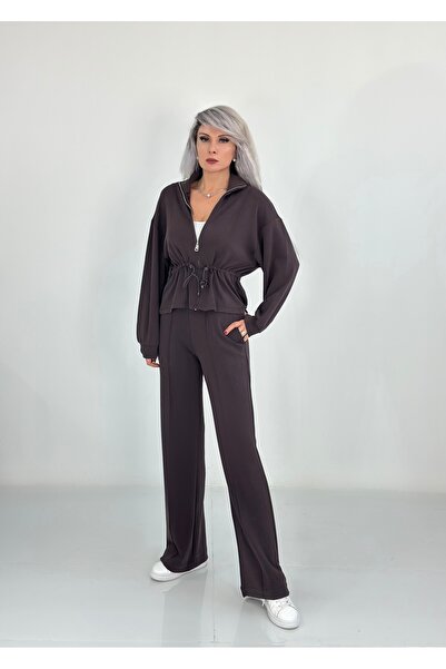 KAROL Kadın Fermuarlı Bel Büzgülü Rahat Şık Takım – Kahve