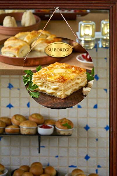 Nod Wooden Wall Door Painting with Su Böreği Image and String, Ornament Decor for Pastry Shop, Cafe, Breakfast Hall