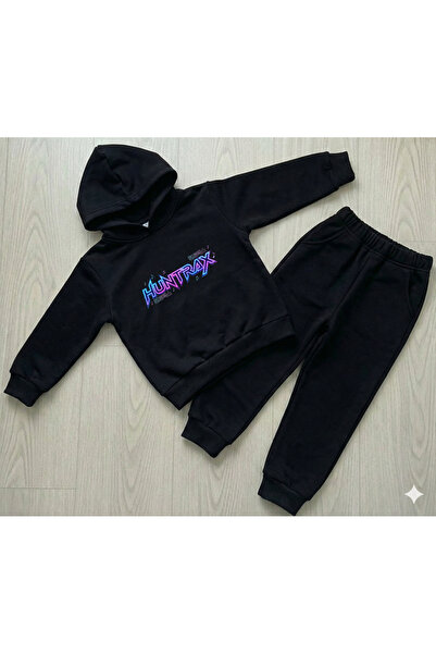 Machi Huntrix Printed Black Hooded Tracksuit Set Cotton 2-Piece Bottom Top Set