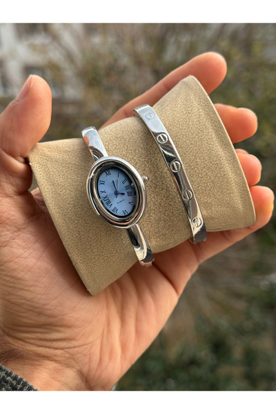 Tulpar Handcuff Model Oval Vintage Case Women's Wristwatch with Bracelet Gift