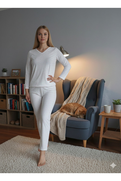 ÇAĞ MODA Knitted Viscose V-Neck Long Sleeve Pants Pajamas Suit
