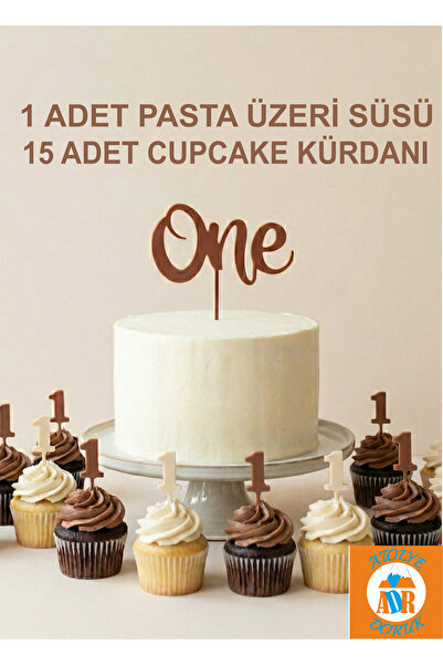 Atölye Doruk Coffee Cream Retro 1St Birthday Cake Topper - One Cake Lettering - Number 1 Cupcake Toothpick