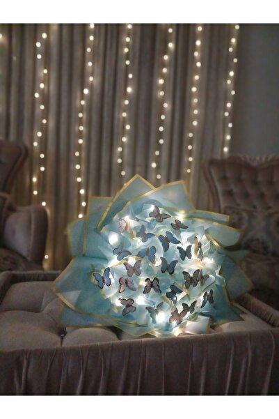 Çiçek Kelebek buket ledli mavi büyük boy